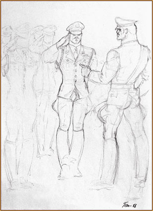 Tom of Finland original graphite on paper study drawing depicting a group of male figures in uniform