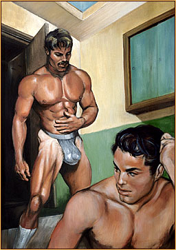 Beau original oil painting depicting two male seminudes