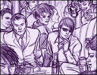 Beau original pencil drawing depicting a group of friends at a café