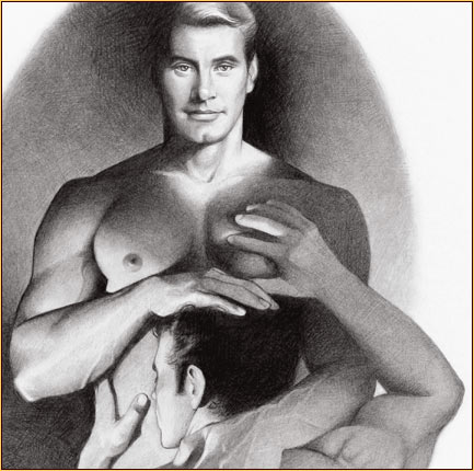 Jim French original graphite on paper drawing depicting two male nudes (Detail)