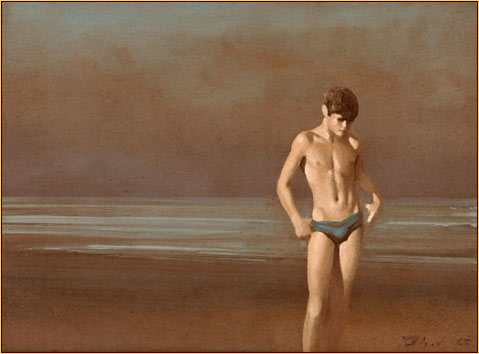 Robert Bliss original oil painting depicting a male seminude on the beach