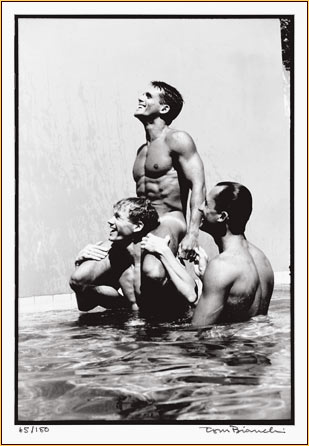 Tom Bianchi original gelatin silver print depicting three male nudes frolicking in a pool (Signature)