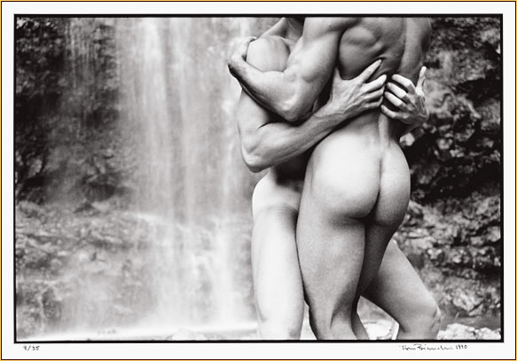 Tom Bianchi original gelatin silver print depicting two male nudes embracing in front of a waterfall (Signature)