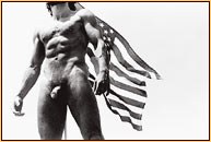 Tom Bianchi original gelatin silver print depicting a male nude standing in front of the American flag