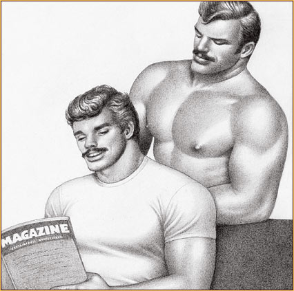 Tom of Finland original graphite on paper drawing depicting two male figures reading (Detail)