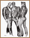 Tom of Finland original limited edition lithograph depicting three male figures in leather gear