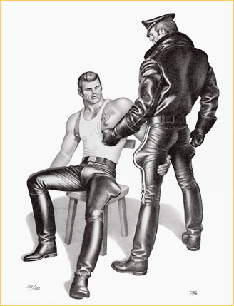 Tom of Finland original limited edition lithograph depicting a male figure in leather gear and a male seminude with a tattoo