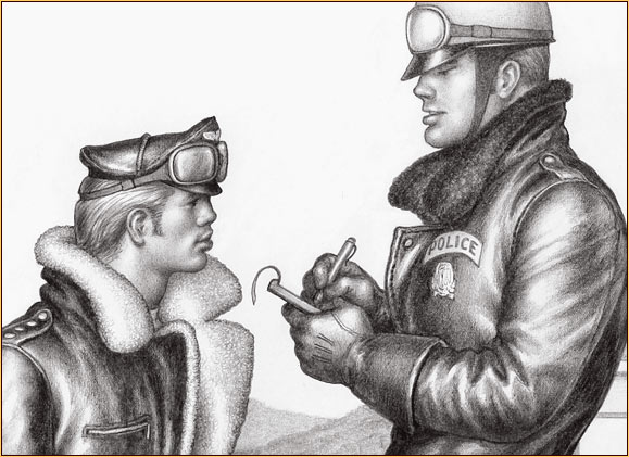Tom of Finland original graphite on paper drawing depicting a police officer and a biker (Detail)