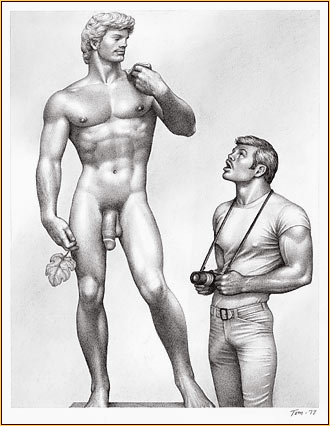 Tom of Finland original graphite on paper drawing depicting Michelangelo's David and a male tourist (Signature)