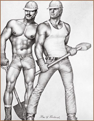 Tom of Finland original fine art print depicting two seminude construction workers