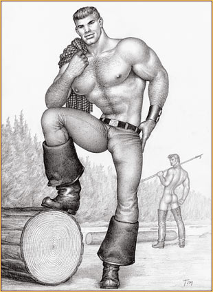 Tom of Finland original graphite on paper drawing depicting a lumberjack and a male nude