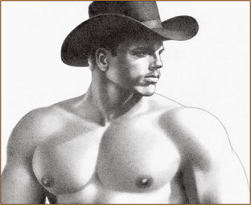 Tom of Finland original graphite on paper drawing depicting a seminude cowboy (Detail)