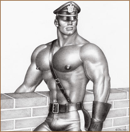 Tom of Finland original graphite on paper drawing depicting a male seminude in leather gear