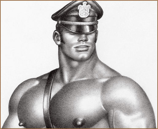 Tom of Finland original graphite on paper drawing depicting a male seminude in leather gear (Detail)