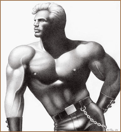Tom of Finland original graphite on paper drawing depicting a male seminude in fetish gear