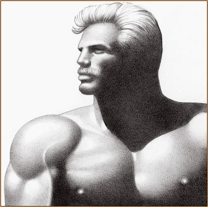 Tom of Finland original graphite on paper drawing depicting a male seminude in fetish gear (Detail)