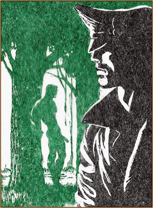 Tom of Finland original color linoleum block impression depicting a male figure in leather gear and a male nude