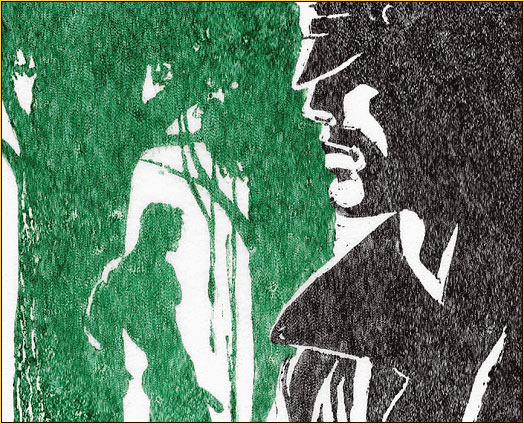 Tom of Finland original color linoleum block impression depicting a male figure in leather gear and a male nude (Detail)