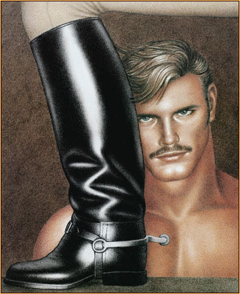 Tom of Finland original limited edition color lithograph depicting a male nude and a leather boot