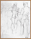 Tom of Finland original graphite on paper study drawing depicting a group of male figures in uniform
