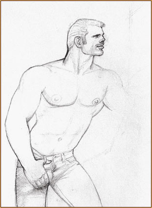 Tom of Finland original graphite on paper study drawing depicting a male seminude