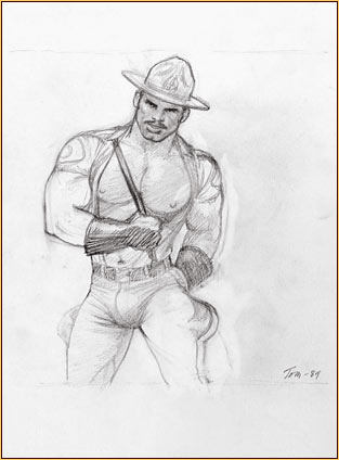 Tom of Finland original graphite on paper study drawing depicting a Mountie