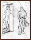 Tom of Finland original graphite on paper study drawing depicting a male figure in uniform and a male figure in leather gear