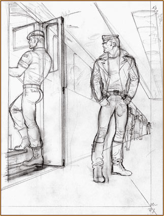 Tom of Finland original graphite on paper study drawing depicting a male figure in uniform and a male figure in leather gear