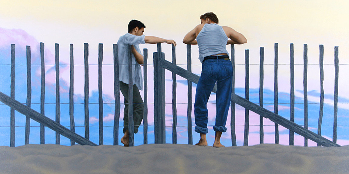 Gay Art Collection original painting by the artist Steve Walker depicting two men standing by a sand fence on the beach at sunset.